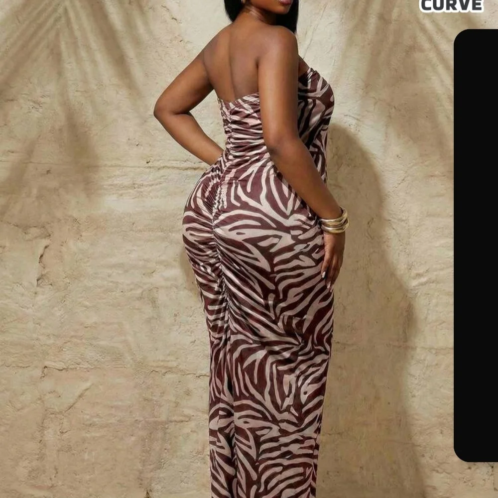 SHEIN Strapless Zebra-Print Maxi Dress in Brown & Cream - Picture 3 of 6